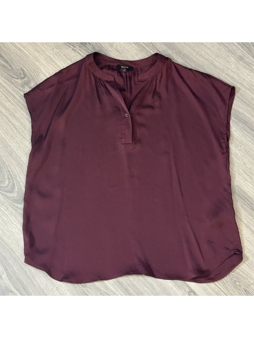 Quince Top Womens L Burgundy Silk Spandex Stretch Boxy Henley Office Lightweight